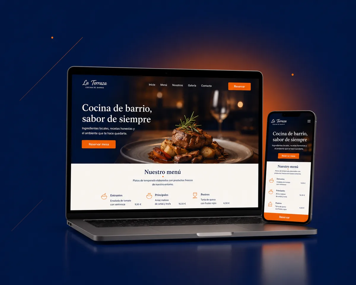 Web de restaurante diseñada por DEPROCE, vista en portátil y móvil